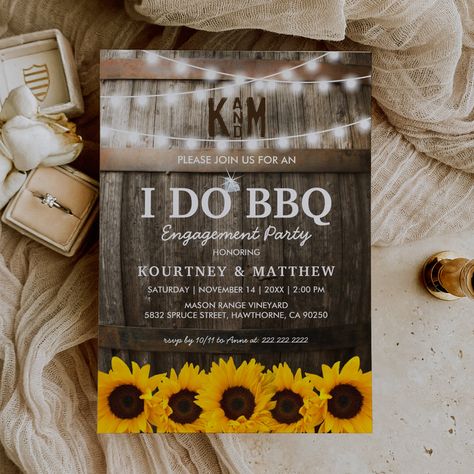 I DO BBQ Rustic Engagement Party Sunflower Invitation #Invitation #card #template #design #pinterestquotes #pinterestideas #pinterestmom #pinterestwedding #aesthetic #love #art #pinterestsuccess Rustic Engagement Party, Engagement Party Rustic, Couples Engagement Party, Wood Lights, Bbq Wood, Sunflower Invitations, Sunflower Bridal Shower, Bridal Sunflowers, I Do Bbq