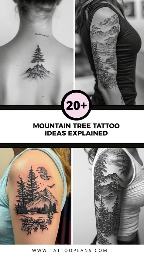 A collection of four stunning mountain and tree tattoo designs that symbolize strength and nature. These tattoos capture the essence of the great outdoors and resonate with nature enthusiasts. Great inspiration for your next ink! Mountain Tattoo Ideas For Men, Forest Themed Tattoos, Hiking Tattoo For Men, Mountain Shoulder Tattoo, Leg Tree Tattoo, Treeline Tattoo, Mountain Tree Tattoo, Forest Theme Tattoo, Mountain And Tree Tattoo