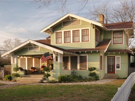 Arts and crafts homes became popular in the US in the early 1900s, and they typically have numerous windows and a low-pitched roof as is the case with this lovely light green home. Craftsman Home Exterior, Small Craftsman, Porch Paint, Craftsman Bungalow, Craftsman Exterior, Plans Architecture, Craftsman Style House, Beige Wall, Modern Craftsman