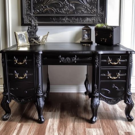 Version 5 Ai (upgraded 3/15/23) By MorbidKitty Gothic Desk Ideas, Goth Desk Bohemian, Modern Goth Desk, Goth Desk, Gothic Decorations, Gothic Computer Desk, Gothic Makeup Table, Black Cathedral, Modern Gothic Home