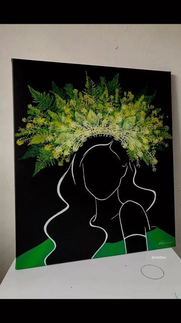 Nymph Painting, Leaf Print Art, Leaves Painting, Circle Painting, Painting Green, Leaf Painting, Handmade Canvas, Spring Girl, Botanical Painting