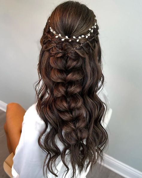 Another beautiful bridal braid look by @samirasjewelry using @sexyhair Spray & Stay! Half Up Half Down Wedding Hair Bubble Braid, Unique Hairstyles For Prom, Bride Hair Braid Half Up, Half Up Braid Wedding Hair, Braid Half Up Half Down Wedding, Wedding Hair Styles Half Up Half Down, Prom Hairstyles For Long Hair Half Up, Half Up Bridal Hair, Curled Prom Hair