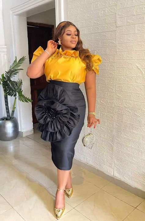 Yellow and black Skirt And Top Outfits Classy Fashion, African Skirt Outfit, Ankara Skirt Styles, Ankara Skirts, Classy Skirts, Skirt Styles, 2piece Outfits, Corporate Dress, Chic Dress Classy