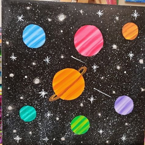 Painting Of Planets Easy, Simple Planet Painting, Easy Space Canvas Painting, Planets Painting Easy, Space Themed Painting Ideas, Space Painting For Kids, Outer Space Painting Easy, Paintings Of Space, Solar System Painting Easy