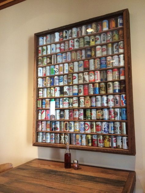 Beer Bottle Collection Display, Bar Photo Wall, Beer Can Display Ideas, Beer Cans Crafts Ideas, Beer Bottle Display, Tap Ideas, Beer Wall Decor, Monster Drink, Beer Display