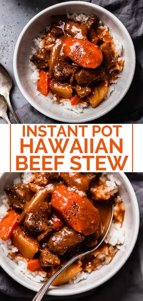 my hawaiian grandpa’s famous island beef stew, made in the instant pot for extra convenience! this instant pot hawaiian beef stew is total comfort food: a tangy & rich tomato gravy filled with perfectly tender pieces of beef, onions, carrots, & potatoes. served over a bed of sticky rice, this instant pot hawaiian beef stew is the perfect comforting dinner! #playswellwithbutter #hawaiianbeefstew #instantpothawaiianbeefstew #beefstew #instantpotbeefstew #localhawaii Hawaii Beef Stew, Hawaiian Beef Stew Recipe, Hawaiian Beef, Instant Pot Beef Stew Recipe, Beef Stew Meat Recipes, Slow Beef Stew, Crockpot Recipes Beef Stew, Comforting Dinner, Carrots Potatoes