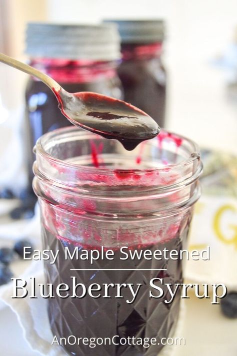 Delicious, quick, and super easy blueberry syrup recipe made healthy with just maple syrup for a sweetener. Choose to can or freeze and use all year long on everything from pancakes to drinks. Blueberry Chutney Recipe, Blueberry Syrup Recipe, Easy Blueberry Cobbler, Oregon Cottage, Cottage Recipes, Blueberry Bars, Preserving Recipes, Fruit Recipes Healthy, Homemade Soda