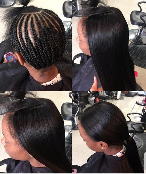 Leave Out Sew In Weave Middle Part Braid Pattern, Sew In Cornrows, Hair Styles Women 2023, Straight Crochet Hairstyles, Crochet Straight Hair, Hair Braid Patterns, Straight Weave, Sew In Hair Extensions, Straight Weave Hairstyles