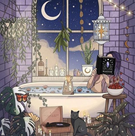 Tarot Witch Art, Witchy Digital Art, Cute Witch Art, Bathtub Drawing, Witchy Corner, Bathtub Illustration, Crafting Witch, Wiccan Art, Crystal Witch