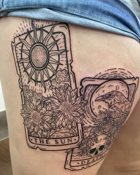 Card Tattoos, Tarot Card Tattoo, Female Tattoo Artists, Card Tattoo, Tarot Cards, Tattoo Artists, The Sun, Sunflower, Sun