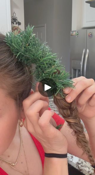 251K views · 6.8K reactions | easy christmas hair trick | easy christmas hair trick | By Brooklyn B | Get some pigtail braids and
garland ties. I got these from Walmart, they are extremely
cheap and because they're wire, you can bend this around and
it'll lock in place. Cover your braids and don't you even worry
about covering the bottoms. It's time for lights. Oh yeah,
just do a quick wrap. These are from Michael's. It's so easy.
Pull that through. Next, grab another hair tie. Alright and
just secure this in place and you can easily move branches.
Next I have these. You want twist tie backs? Why? Because
they're so easy to pin right in. And here are my little
Christmas buns. You can decorate these however you'd
like. Perfect hairstyle for an ugly sweater party. Let me know
what you think Grinch Inspired Hairdos, Crazy Christmas Hair Day Ideas, Whoville Crazy Hair Day, Christmas Buns Hair, Christmas Hair Crazy, Christmas Hair Bun, Wacky Hair Day Ideas Christmas, Christmas Lights In Hair, Crazy Holiday Hair Christmas