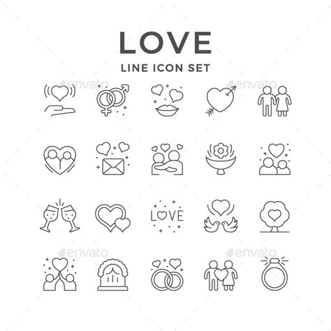 Set Line Icons of Love and Romance. Fully customisable set of icons. #icon #design #art #digitalArt #arch #arrow #bird #clinking #couple #day #dove #drink #female #gender #gift #glass #heart #holiday #hug #kiss #line #lips #love #male #outline #romance #romantic #set #sign #symbol #tree #valentine #wedding Line Symbols, Icon Sets, Best Icons, Love And Romance, Valentine Wedding, Rgb Color, Glass Heart, Line Icon, Bridal Inspiration