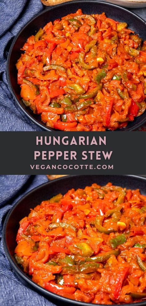 Lecsó (Hungarian Pepper Stew) Hungarian Recipes Dinners, Hungarian Soup Recipes, Hungarian Side Dishes, Hungarian Recipes Traditional, Hungarian Peppers Recipes, Recipes With Hungarian Peppers, Healthy Hungarian Recipes, Hungarian Pepper Soup, Vegan Hungarian Recipes