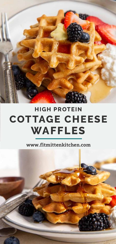 High-protein Cottage Cheese Waffles are a delicious breakfast recipe with each serving containing 12 grams of protein. They have crispy edges and a soft center and are extra special when served with maple syrup, fresh fruit, and extra cottage cheese. Gluten free friendly. #cottagecheesewaffles #cottagecheeserecipes Cottage Cheese Waffle Recipe, High Protein Waffle Recipe, Cottage Cheese Waffles, Protein Cottage Cheese, Waffle Recipe Healthy, Cottage Cheese Recipes Healthy, Cottage Cheese Desserts, Cottage Cheese Breakfast, Healthy Waffles