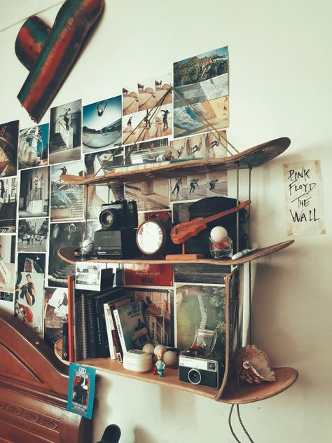 Old Skateboard, Skateboard Shelves, Skateboard Ideas, Rope Shelves, Diy Deck, Buy Wood, Skateboard Decks, Bedroom Inspo, Bedroom Makeover