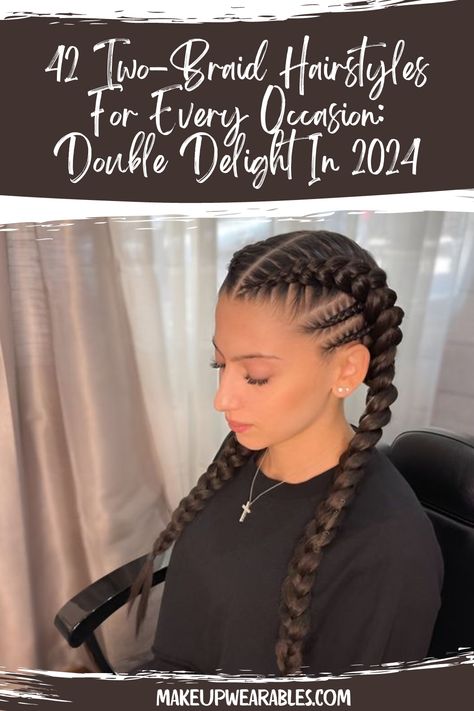 Stylish Two-Braids Hairstyles for a Simple Yet Trendy Look Cornrows Two Braids, Black Women 2 Braid Hairstyles, 2 Braided Cornrow Hairstyles, Two Braids Black Hair, 2braided Hairstyles, 2 Braid Hairstyles For Black Women, Dutch Braids Black Women, Two Braids With Weave In The Back, 2 Feed In Braids With Weave