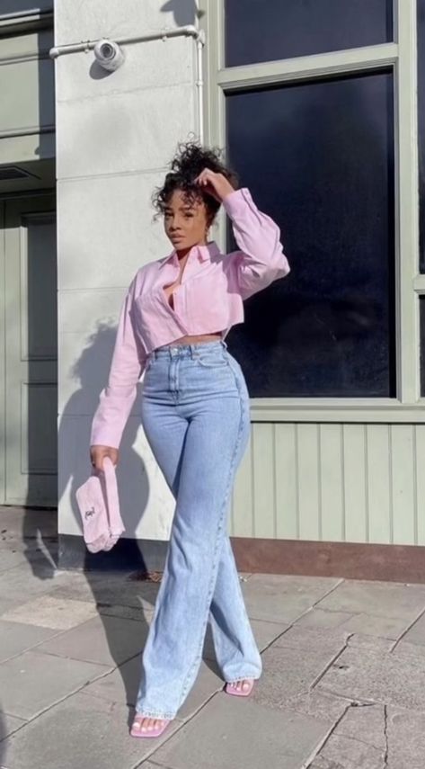 Pink Corset And Jeans Outfit, Gender Reveal Party Outfit Guest, Pastel Top Outfit, Outfits Con Tacos, Mother’s Day Outfit Black Women, Jeans Date Outfit, Demin On Denim Outfit, Gender Reveal Outfit For Guest, Shirt And Jeans Outfit