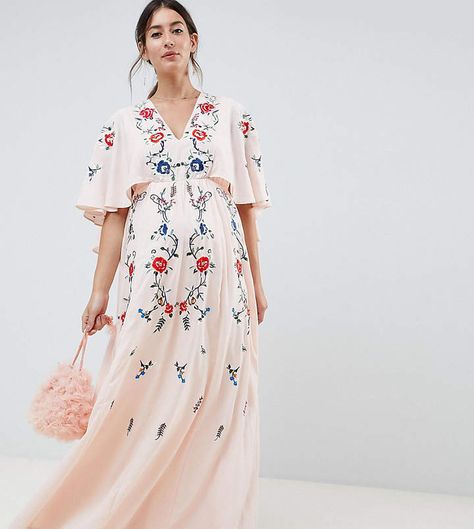 ASOS Maternity ASOS DESIGN Maternity embroidered maxi dress with flutter sleeve Nude Color Dress, Night Out Fashion, Cute Maternity Dresses, Clothes Stores, Maternity Clothes Summer, Maternity Chic, Dresses Maternity, Maternity Maxi Dress, Character Clothing