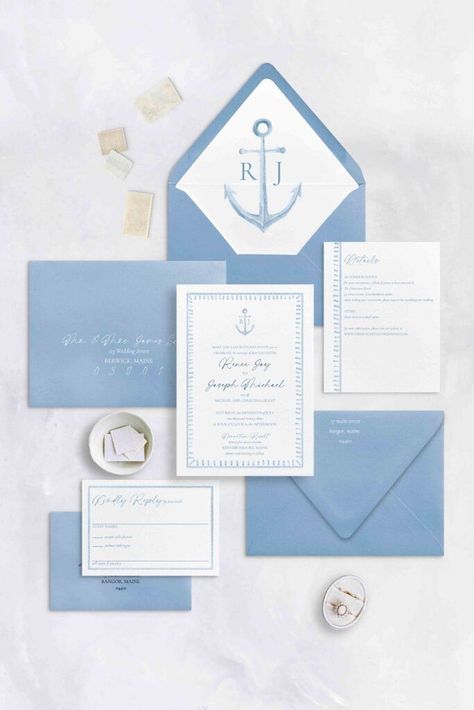 Modern Nautical Wedding Inspiration, Coastal Chic Wedding Invitations, Seaside Wedding Theme, Navy Weddings, Coastal Wedding Invitations, Nautical Wedding Inspiration, Nautical Wedding Invitations, Anchor Monogram, Invite Design