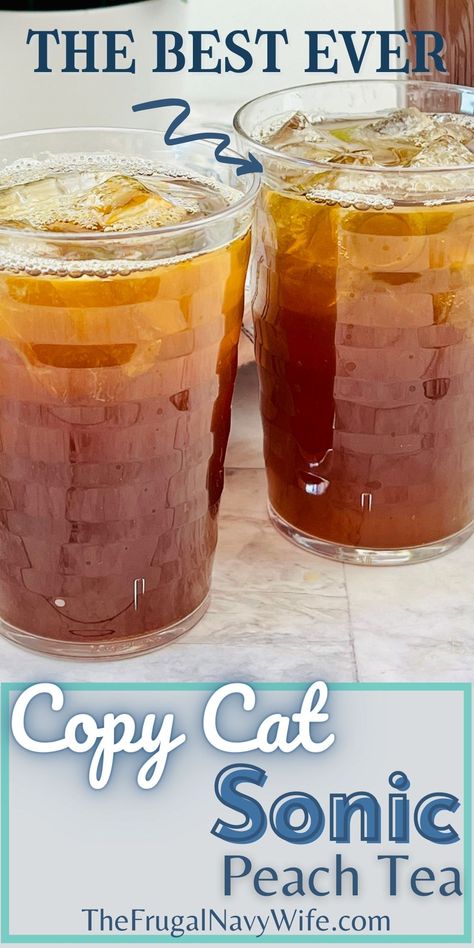 Cool down with a sweet and refreshing Copy Cat Sonic Peach Tea that's sure to keep you feeling refreshed on even the hottest of days. #copycatrecipe #sonicsweettea #peachtea #drink #frugalnavywife #summerdrink #easyrecipe | Copy Cat Sonic Sweet Tea | Drink Recipes | Peaches | Summer Recipes | Easy Drink Recipes | Sonic Recipes, Summer Recipes Easy, Kid Drinks Recipes, Peach Tea Recipe, Sonic Drinks, Mango Iced Tea, Sweet Tea Recipes, Mango Tea, Tea Drink Recipes