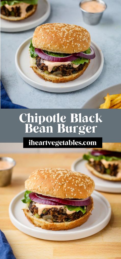 These chipotle black bean burgers are filled with poblano peppers and adobo sauce for a meatless burger with plenty of spicy flavor! Burgers With Avocado, Vegan Black Bean Burger, Chipotle Black Beans, Meatless Burgers, Vegan Chipotle, Black Bean Burger, Bean Burgers, Poblano Peppers, Burger Toppings