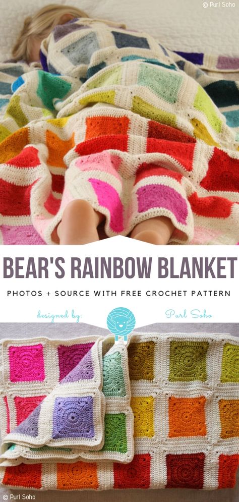 Rainbow Yarn Crochet Ideas, Free Rainbow Crochet Blanket Pattern, Knit Rainbow Blanket, Bright Crochet Blanket, Rainbow Crochet Pattern, Rainbow Blanket Crochet, Baby Crochet Blanket Rainbow, Rainbow Granny Square Blanket, Crochet Rainbow Blanket