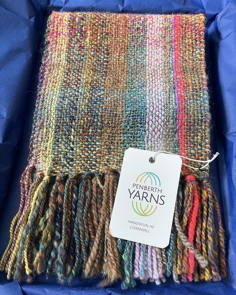 Handspun and hand woven scarf off to its forever home in Germany. #handspunhandwoven #handspunyarn #handwoven #handwovenscarf #handweaving #handweaver #penberthyarns #madeincornwall Woven Scarf, Handwoven Scarves For Fall, Traditional Multicolor Handwoven Scarves, Multicolor Woven Shawl Scarves, Handwoven Multicolor Scarves, Weaving For Kids, Woven Scarves, Handwoven Scarf, Handspun Yarn