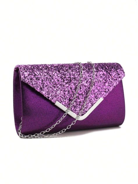 GLOIG Silver Clutch Bags V Design Metal Chain Glitter Sequined Evening Bags With Envelope Party Wedding Casual Lady Handbags Banquet Dinner PurseI discovered amazing products on SHEIN.com, come check them out! Purple Prom Purse, Silver Clutch Bag, Glitter Clutch Bag, Prom Purse, V Design, Glitter Clutch, Envelope Purse, Purple Details, Silver Clutch