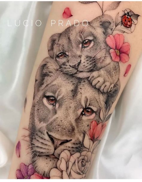 Fierce Lioness Tattoo For Women, Lioness And Cub Tattoo, Cubs Tattoo, Lioness Tattoo, Rose Tattoos For Women, Mom Tattoo Designs, Mommy Tattoos, Tattoo Quotes For Women, Tattoo For Son