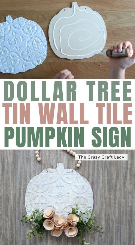 Dollar Tree Tin Wall Tile Pumpkin Sign Tin Wall Tiles, Diy Wall Tile, Faux Tin Tiles, Pumpkin Cutouts, Fall Pumpkin Crafts, Dollar Tree Halloween, Wooden Roses, Tin Wall, Dollar Tree Fall