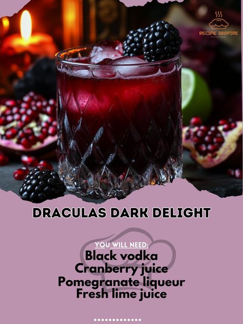 🩸🖤 Dive into the dark side with Dracula’s Dark Delight – a sinister sip for your spooky nights! 🍷🕸️ Dracula's Dark Delight Ingredients: Black vodka (2 oz) Cranberry juice (3 oz) Pomegranate liqueur (1 oz) Fresh lime juice (½ oz) Ice cubes Blackberries (for garnish) Instructions: Fill a cocktail shaker with ice cubes. Add black vodka, cranberry juice, pomegranate liqueur, and lime juice. Shake well until chilled. Strain into a glass filled with ice. Garnish with blackberries and enjoy! 🖤 T... Black Vodka, Cranberry Juice And Vodka, Vodka Cranberry, Pomegranate Liqueur, Cranberry Juice, The Dark Side, Fresh Lime, Cocktail Shaker, Ice Cubes