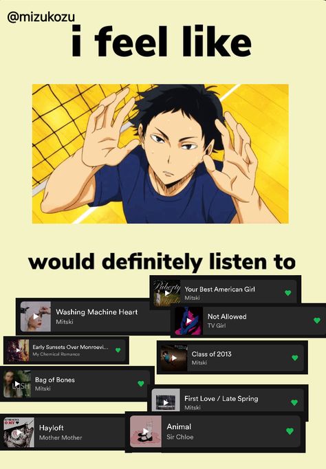 Songs For Characters, Akaashi Keiji Kinnie, Anime Songs Playlist, Playlist For Him, Anime Playlist, Haikyuu Akaashi, Song Suggestions, Song Recommendations, Akaashi Keiji