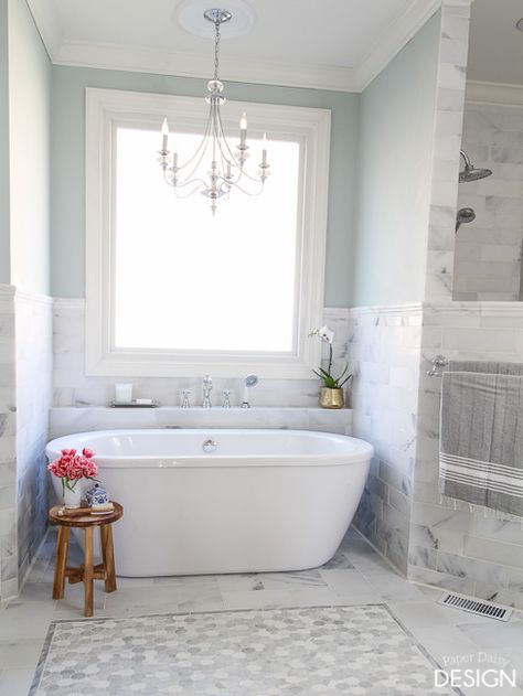 Free standing tub in marble tile master bath from Deeply Southern Home Replace jacuzzi tub with freestanding tub #diy #bathroomrenovation Master Bath Remodel, Standing Bath, Herringbone Floor, Bath Room, Bathroom Renos, Traditional Bathroom, Free Standing Bath, Bathroom Remodel Master, House Bathroom