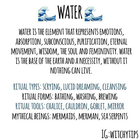 🐳❄️🌊 The Element of Water 💦🐬💙A quick overlook of the water element and correspondences. A great reference page for a book of shadows / grimoire! Apply this knowledge to any water spells or altar workings. Water Scrying, Element Of Water, Reference Page, Water Witch, Elemental Magic, Eclectic Witch, Wiccan Spell Book, Ritual Tools, Witchcraft For Beginners