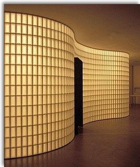 Glass Blocks Interior Design, Backlit Glass Wall, Glass Brick Wall Living Room, Curved Tile Wall, Curved Accent Wall, Glass Block Light, Glass Block Wall Ideas, Tiled Walls Living Room, Curved Walls Interior