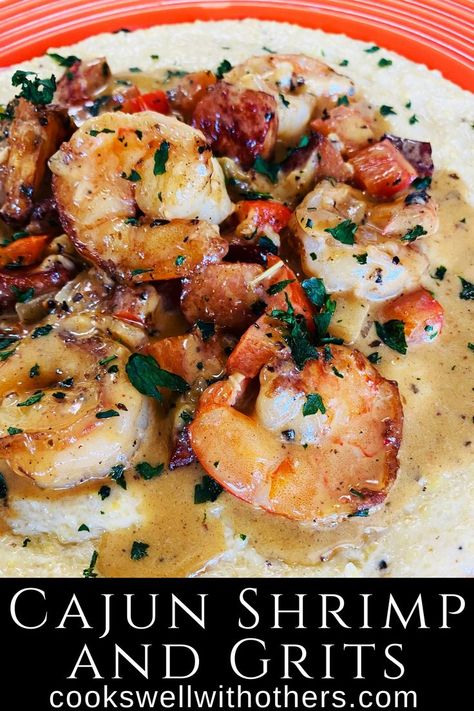 shrimp and grits on a plate with cream sauce Shrimp And Grits Recipe New Orleans, Best Shrimp And Grits Recipe, Creamy Cheesy Grits, Shrimp And Andouille Sausage, Easy Shrimp And Grits, Southern Shrimp And Grits, Shrimp Grits Recipe, Cajun Cream Sauce, Andouille Sausage Recipes