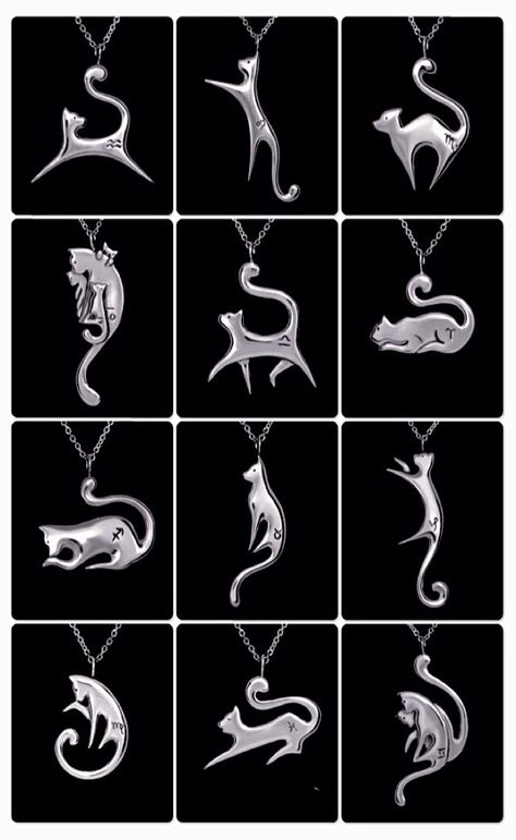 Zodiac Cat Pendants (12)  | By Jenuinely Jeni Inc. | Sterling Silver | $69.00 each  | http://www.jenuinelyjeni.com/store/zodiaccats.html Silver Cat Design Jewelry Gift, Metal Cat Design Necklace For Gift, Elegant Cat Design Pendant Jewelry, Cat Design Pendant Jewelry, Cat Pendant Necklace, Silver Cat Design Pendant Charm Necklace, Cat Pendant, Silver Cat, Cat Pendants