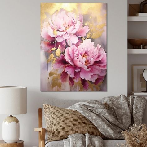 Designart "Pink And Gold Peonies In Radiance I" Peonies Wall Art - Bed Bath & Beyond - 39986028 Pink Peonies Art, Peonies Artwork, Tom Pastel, Peony Art, Gorgeous Doors, Peony Painting, Flower Texture, Peony Flowers, Luxury Flowers