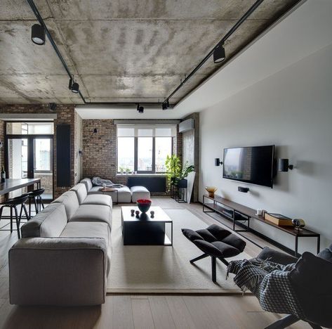 Aper Style™ on Instagram: “Ideas, fantasies and incarnations / @aper_style _________________________________________________ Unknown author. Photo from vk. com/i_des…” Light Sofa, Concrete Ceiling, Loft Stil, Loft Interiors, Urban Loft, Style Loft, White Brick, Design Del Prodotto, Loft Style