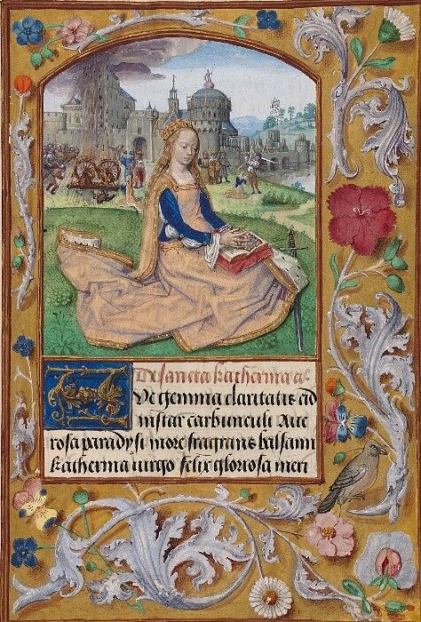 Illuminated Script, St Catherine Of Alexandria, Medieval Manuscripts, Catherine Of Alexandria, Medieval Illumination, Illustrated Manuscript, Medieval Books, Medieval Paintings, Illumination Art