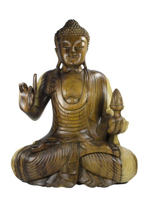 #Buddha With #Treasure Vase in #ShuniMudra The #treasure vase symbolizes an endless rain of long #life #wealth and #prosperity and all the benefits of this #world and #liberation The #Shuni #Mudra is for #healing This #Mudra helps you to stay #present in the moment and can help #evoke #patience and #understanding Practice: Touch the top of the middle finger and thumb together. Other fingers are straight but not rigid #décor #wood #carving Shuni Mudra, Chanthaburi Thailand, Amida Buddha, Buddhist Sculpture, Kemetic Spirituality, Stay Present, Buddha Artwork, Buddha Decor, Buddha Temple