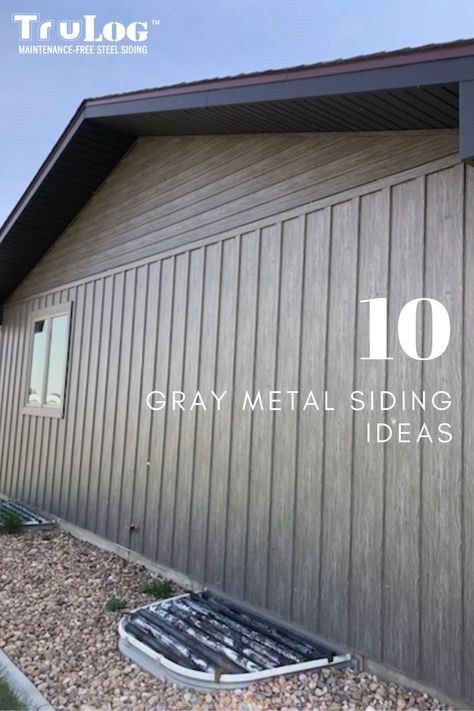 Gray Metal Siding House, Metal House Siding Ideas Exterior, Metal Siding That Looks Like Wood, Charcoal Gray Barndominium Exterior, Barndo Colors, Trulog Siding, Dark Grey Siding, Metal Siding House, Metal Siding Colors