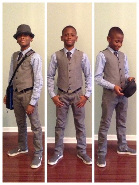 Boys fashion fedora vest tie pinstripe dress shirt gray jeans vans middle school clothes tween dressy ootd young man Teen Boy Dressy Outfit, Boys Dressy Outfits, Kids Dress Clothes, Middle School Outfits, Jeans And Vans, Boys Outfits, Teen Boy Outfits, Boys Style