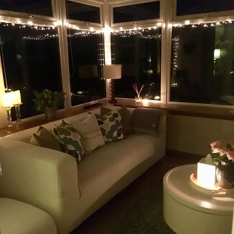 Conservatory Lighting, Conservatory Decor, Window Candles, Lights Ideas, The Fairy, Fairy Lights, At Night, Ivy, Sofa