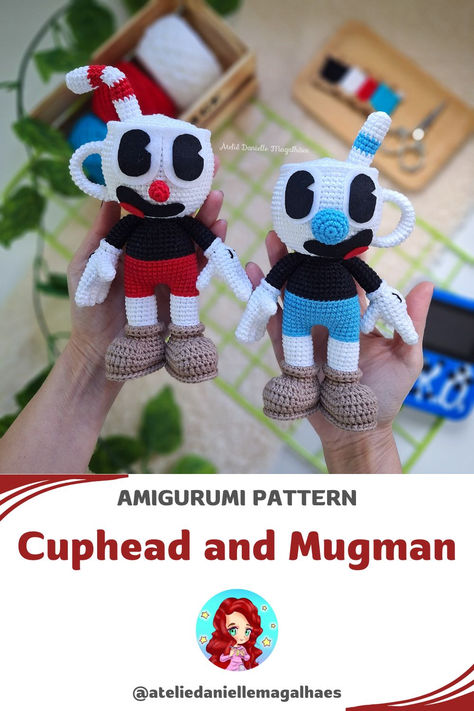 This is a digital file to make the Cuphead and Mugman amigurumi doll.  Using the materials recommended in the pattern, the dolls are approximately 17 cm (6,69") tall, excluding the straws.  There are written instructions along with many photos for reference. It's a very adequate project for intermediate level.  You are acquiring a digital good (PDF file), not the finished products. Once purchased, the pattern will be available on your Downloads page. Head Crochet, Cuphead Game, Cuphead And Mugman, Cup Head, Digital Goods, Amigurumi Doll, Amigurumi Pattern, Crochet Pattern, Amigurumi