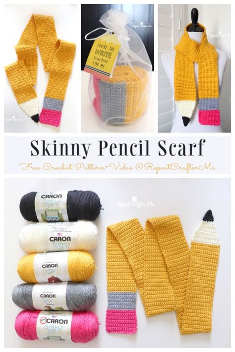 Quick Skinny Pencil Scarf Free Crochet Patterns + Video Crochet Pencil Scarf Pattern Free, Pencil Scarf Crochet Pattern, Quick Scarf Pattern, Crochet Pencil Scarf, Teacher Gift Crochet, Crochet Gifts For Teachers Free Pattern, Back To School Crochet Patterns, Quick Crochet Gifts For Kids, Crochet Teacher Gifts Free Pattern