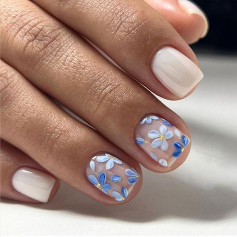 PRICES MAY VARY. [Package Content] You will get 24 pieces of IMSOHOT short square press on nails, a small clear box with glue, and you can trim it to any length you want~ [Quality Material] These blue flower press on nails are made of quality acrylic material, non-toxic and gentle to your nails and skin, durable and not easy to be scratched, will give you a nice manicure experience. [Easy to Use] After trimming and cleaning your nails, choose a false nail that is suitable for your own nail size, Nail Art For Short Nails Summer, Short Squoval Nails Design, Short White Nail Ideas, White Nails With Blue, Mexico Nails, Nails Blue And White, Press On Nails Blue, Short Nails Summer, Tropical Nail Designs