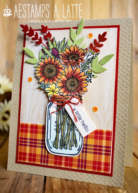 AESTAMPS A LATTE: Jar of Flowers Jar Of Flowers Stampin Up Cards, Sunflower Stamp, Jar Of Flowers, Cat Projects, Jar Flowers, Sunflower Petals, My Sunflower, Mason Jar Cards, Flowers Cards