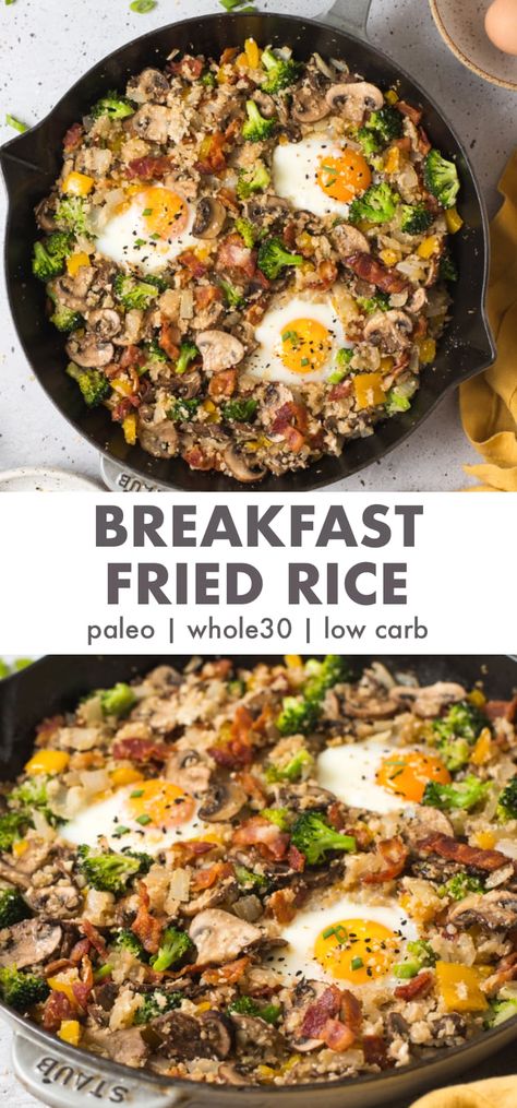 This is a delicious, savory, and super hearty breakfast fried rice made with cauliflower rice! It's paleo and low carb. Egg Fried Cauliflower Rice, Cauliflower Rice Breakfast Bowl, Riced Cauliflower Breakfast Recipes, Whole 30 Fried Rice, Breakfast Cauliflower Rice, Rice And Eggs Breakfast, Cauliflower Rice Breakfast, Breakfast Cauliflower, Rice Breakfast Recipes