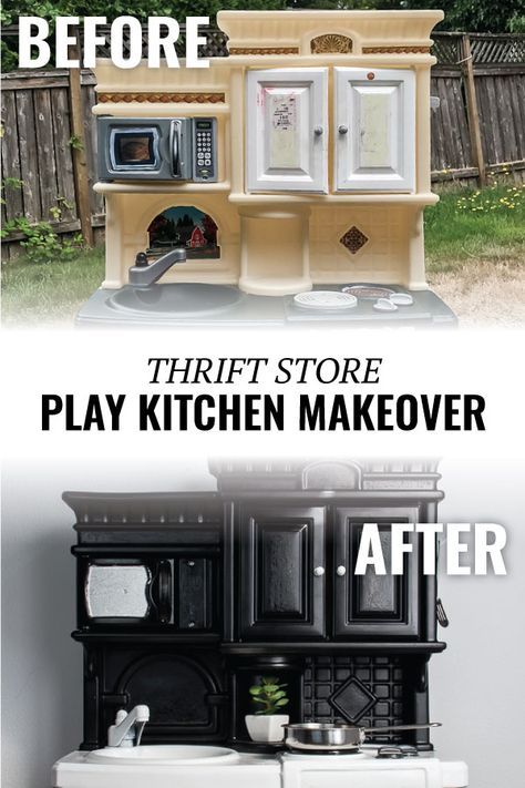 This play kitchen makeover is incredible! This plastic kitchen went from well-loved and worn down to a modern update. Check out the full before and after! #playkitchen #beforeafter #playroom Repurposed Play Kitchen, Redoing Play Kitchen, Kitchen Playset Makeover, Diy Toy Makeover, Plastic Kitchen Makeover Kids, Upcycle Play Kitchen, Play Kitchen Redo, Paint Play Kitchen, Toddler Kitchen Makeover